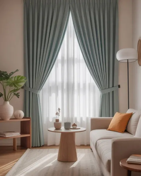 Steam iron pressing living room drapes