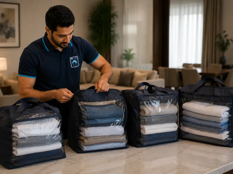 Two full wash and fold laundry bags by a villa front door ready for pickup