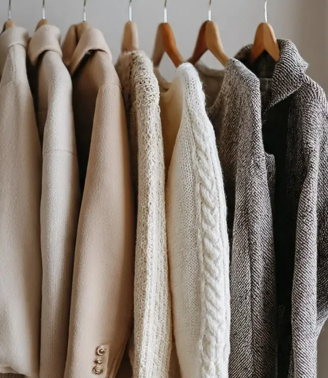 A rows of clean trench coats and winter coats on hangers