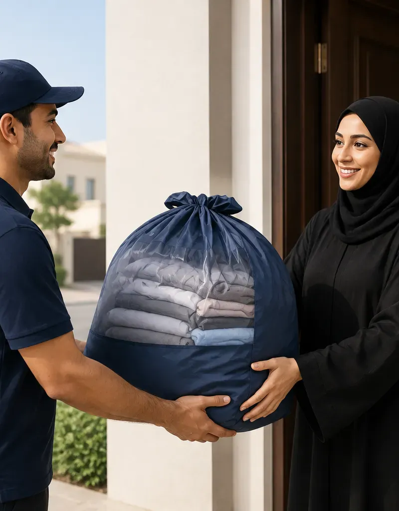 A delivery driver handing over a laundry bag and hanger items at a front door