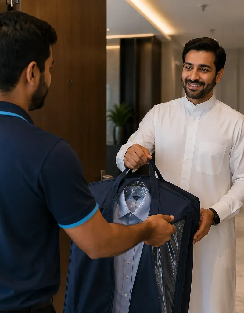 Suits on hangers ready for doorstep delivery at a residential tower