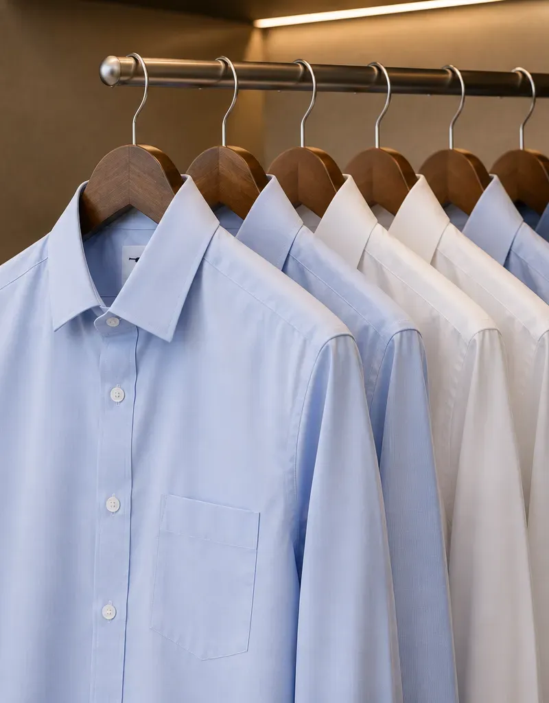 A row of pressed shirts on hangers ready for delivery