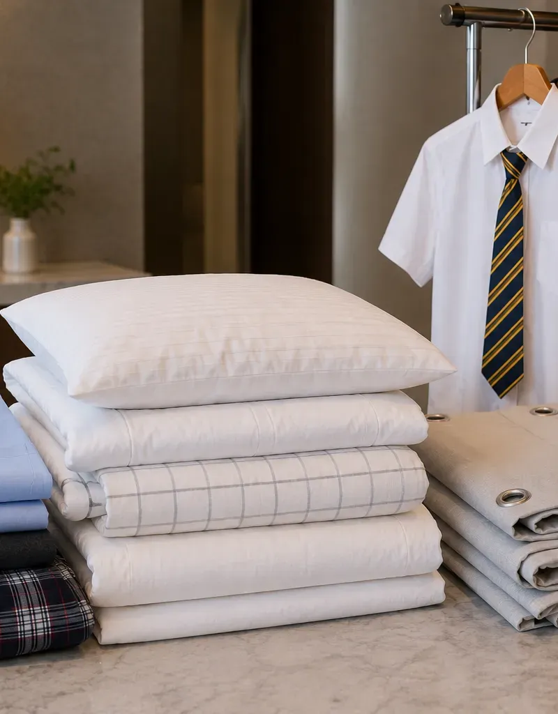 Folded pressed bedding, school uniforms on hangers and a curtain panel laid out for cleaning