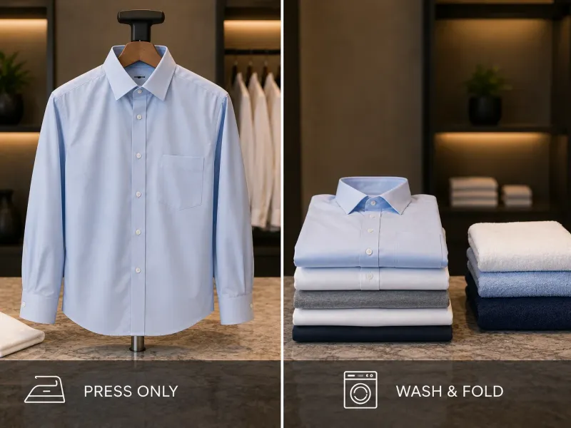A pressed office shirt on a hanger next to a folded wash and fold bag
