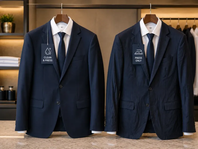 A suit jacket on a form hanger being steam pressed