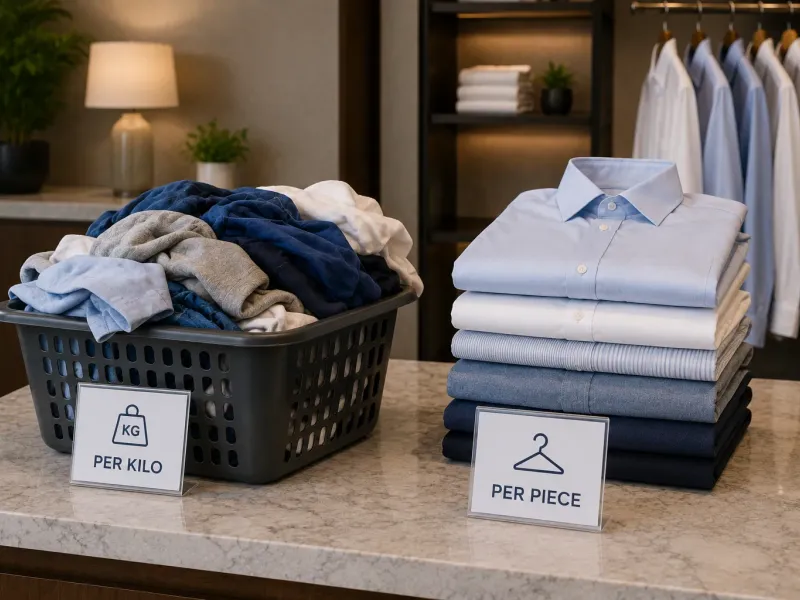A wash and fold bag on a scale showing the per kilo price