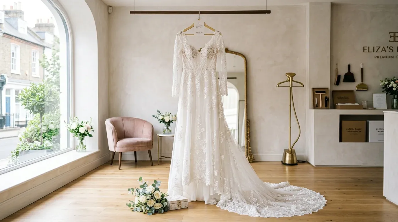 Master tailor inspecting a perfect white gown in a Doha studio